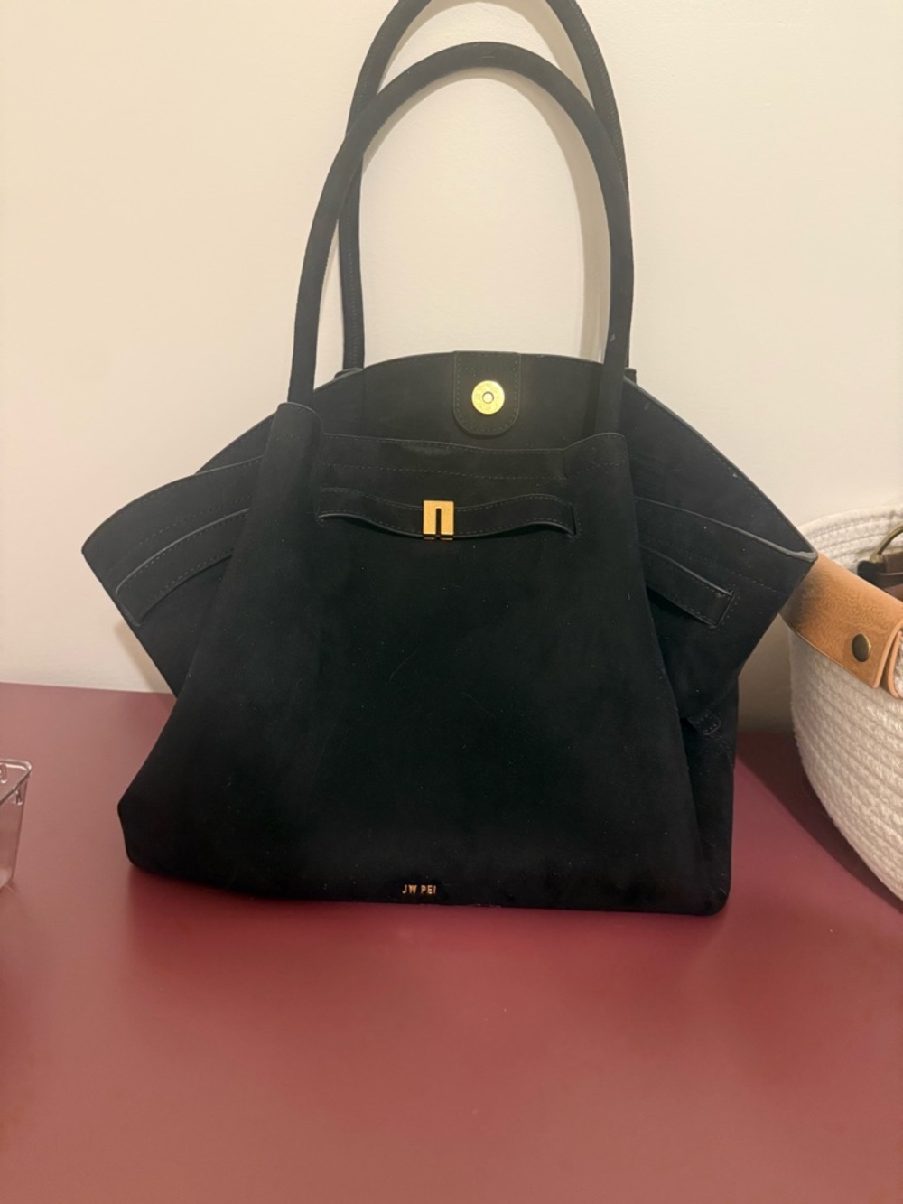 JW PEI Hana Black Suede Tote with Gold Hardware